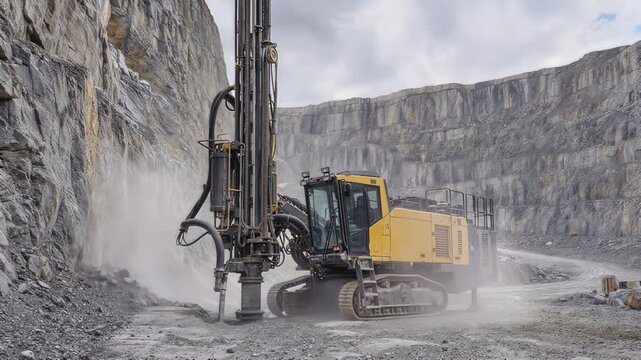 Mobile drilling rig boring into rock face at open-pit quarry. Industrial extraction process with dust clouds. Panning and tilting camera movement.