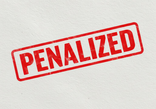 Red ink rubber stamp impression reading penalized on textured paper surface