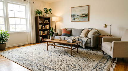 Fototapeta premium Modern living room with neutral color scheme and large windows 2.