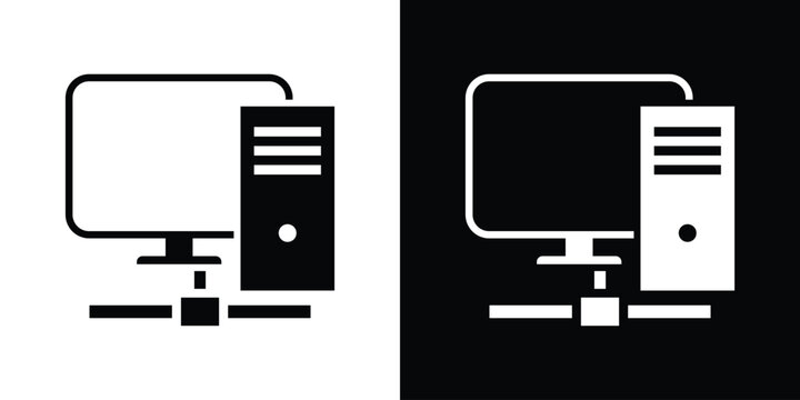 Desktop computer monitor and PC tower unit connected to a network hub. Vector icon set representing local area network, office workstation, hardware infrastructure, and data systems.