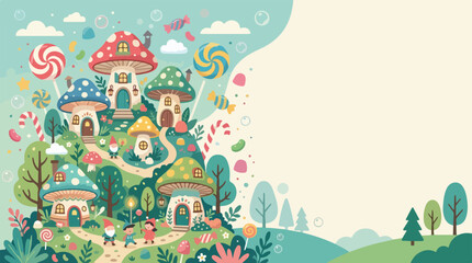 Fototapeta premium A whimsical mushroom village filled with candy, gnomes, and children in a colorful, magical landscape under a soft blue sky.
