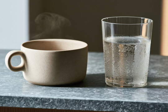 A cozy scene featuring a steaming cup beside a condensation-covered glass of water, highlighting the contrast between warm and cool elements in a tranquil setting.