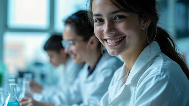 Young students of chemistry working in laboratory.