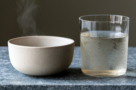 A minimalistic setting showcasing a steaming bowl next to a glass of chilled liquid, embodying harmony between warmth and coolness in an artistic display.