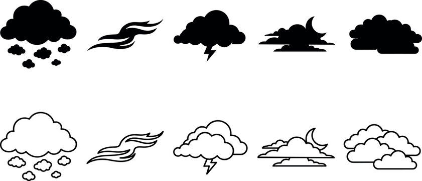 Weather forecast icon set with clouds rain wind storm lightning and crescent moon design elements