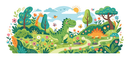 A cheerful vector illustration of a green T-Rex watering flowers in a lush garden with a stegosaurus and a giraffe under a sunny sky. © Regina
