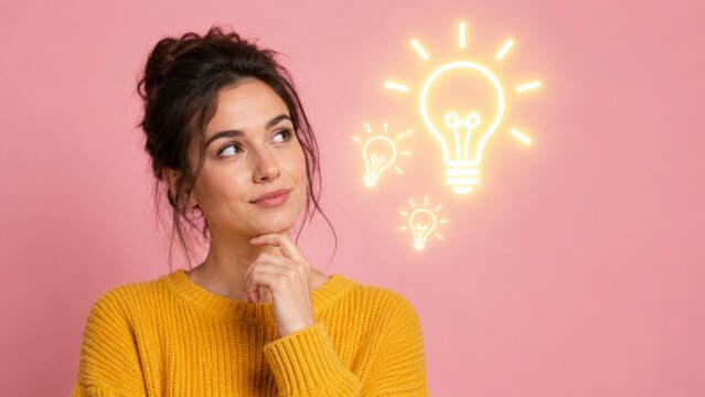 Young woman thinking with floating light bulb ideas on pink background.