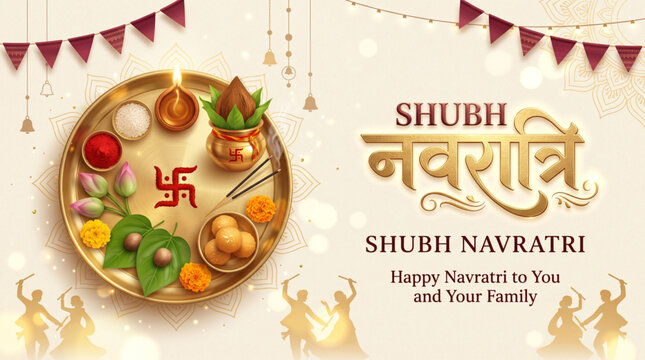Shubh Navratri Puja Thali with Kalash, Kumkum, Coconut, Betel Leaves and Sacred Offerings Greeting Banner