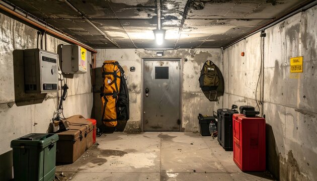 Concrete basement room with storage and heavy metal door