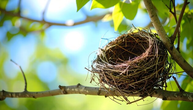 Empty birds nest nestled in green tree branches