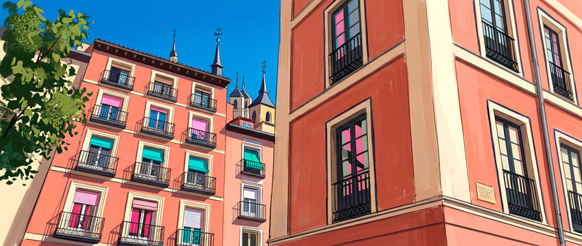 Typical Madrid houses. Cityscape. Illustration