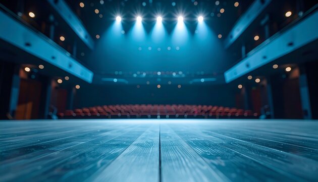 Empty theater stage looking towards rows of seats