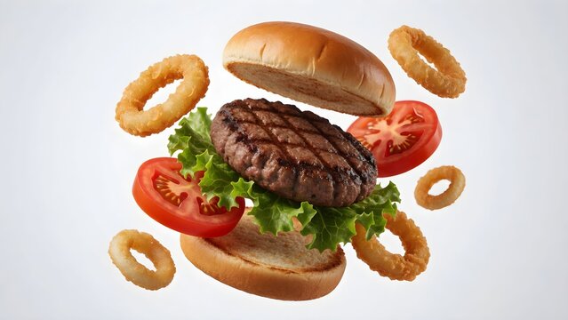 Vibrant 3D-rendered burger with onion rings exploding around appetizing food illustration