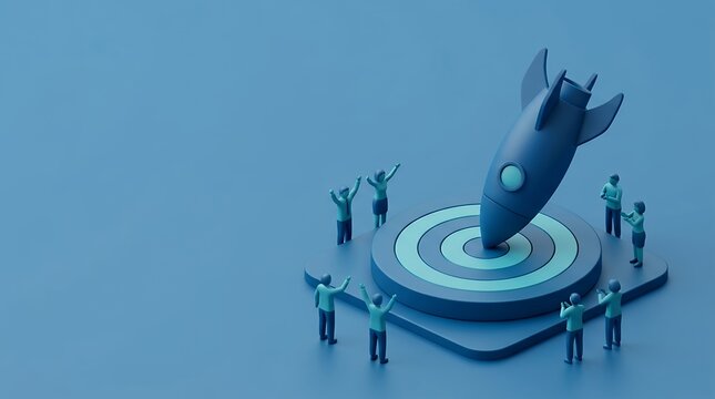 Rocket on Target with Pictogram People Rocket on Target with Pictogram People - Colored Background - 3D Rendering social media rocket target bullseye pictogram people icons colored background 3d