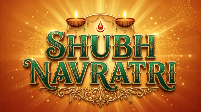 Elegant Shubh Navratri Typography with Glowing Diyas and Golden Festive Background for Greeting Banner Design