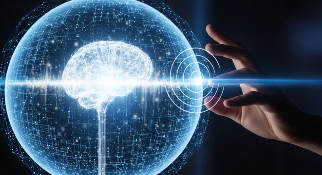 Hand interacting with futuristic glowing digital brain interface representing artificial intelligence