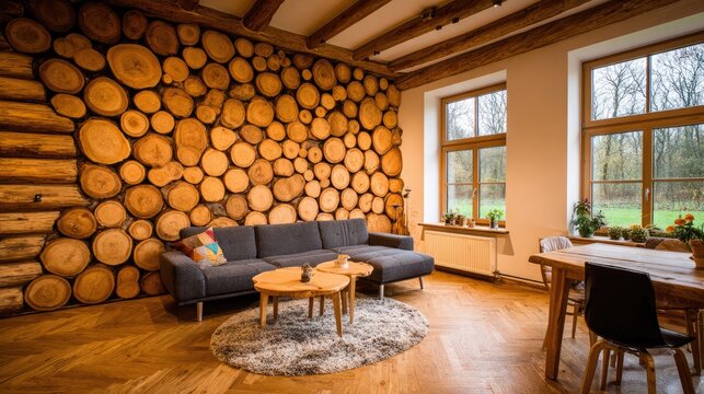 Cozy living room interior with wood log wall sofa and natural light
