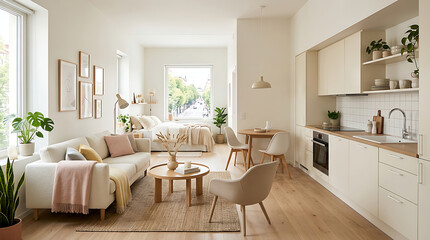 Fototapeta premium Modern living room with neutral color scheme and natural lighting.