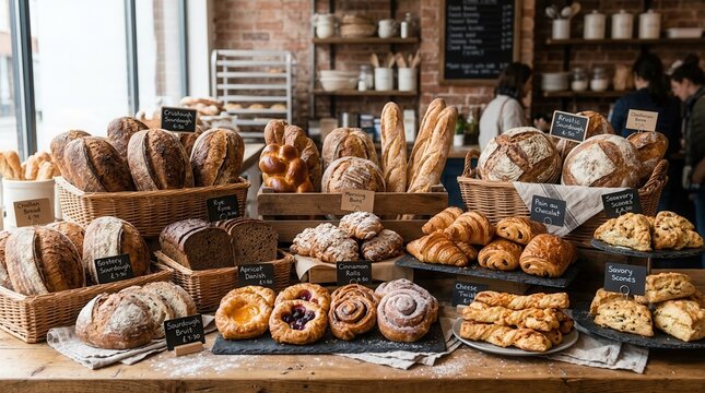 Fresh artisan breads and pastries displayed on wooden counters in a bakery. Warm inviting atmosphere with rustic charm.
