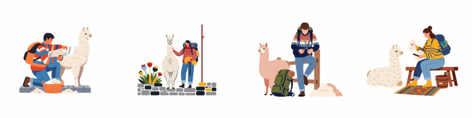 Flat illustration set depicting people shearing alpacas, harvesting wool, and traditional fiber processing in a rural, mountain farm environment. © Reno