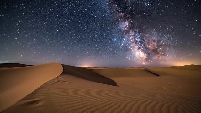 Desert dunes under a vibrant, star-filled night sky with the Milky Way