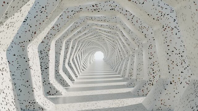 Looping animation of a modern architectural terrazzo tunnel with twisting hexagonal arches creating an endless perspective corridor bathed in soft bright sunlight.