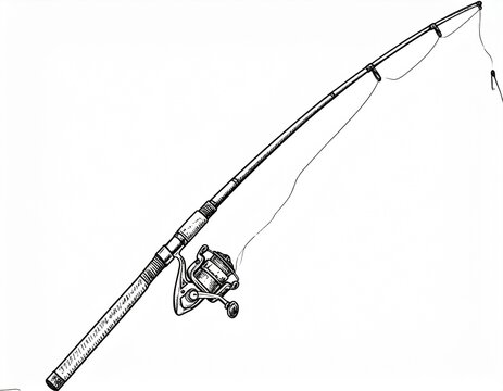 Classic fishing rod and reel setup in a detailed ink sketch