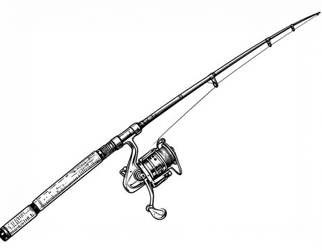 Detailed black and white sketch of a fishing rod assembly