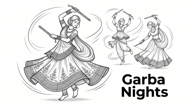 Monochrome Garba Dancers Performing Dandiya Raas During Navratri Festival for Greeting Card Banner Design