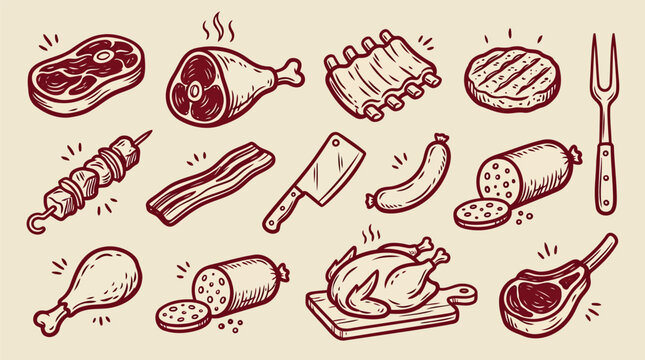 Assorted raw and cooked meats including steak ribs chicken leg and sausage in a clean line drawing style