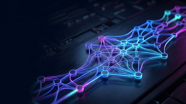 Abstract glowing neural network connection on dark futuristic background