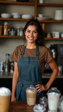 Proud cafe owner standing confidently behind the counter, ready to serve customers with a warm smile.
