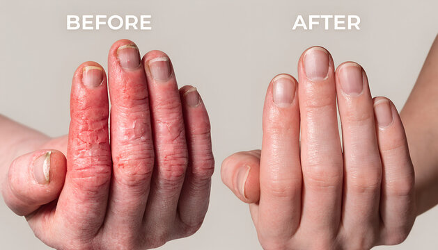 A split image of a person's fingers demonstrates a significant reduction in redness and dryness following a successful skincare or medical treatment.