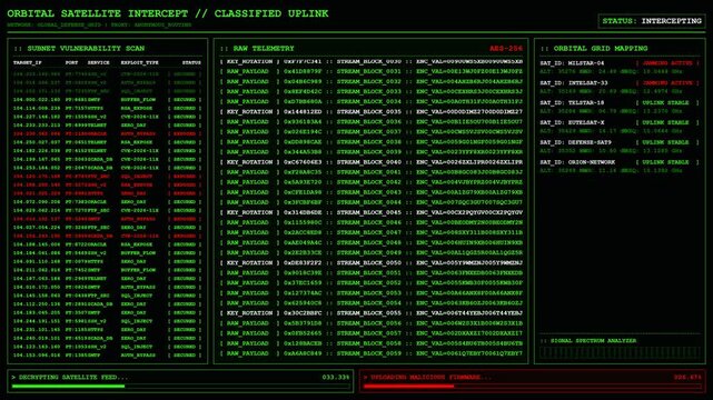 Orbital Satellite Intercept Cyber Hacking Command Center Animation.