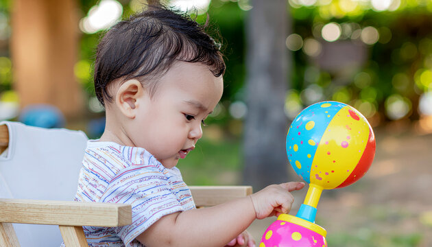 Baby boy playing with colorful toy rattle outdoors