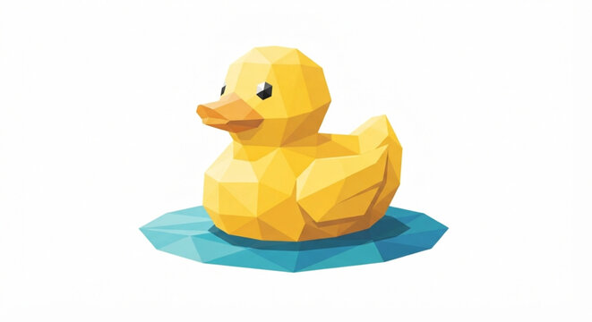 Low poly yellow rubber duck floating on water isolated on white background