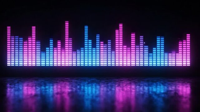 Seamless loop of digital sound equalizer spectrum bars pulsing and vibrating with vibrant neon blue and pink light in a dark room