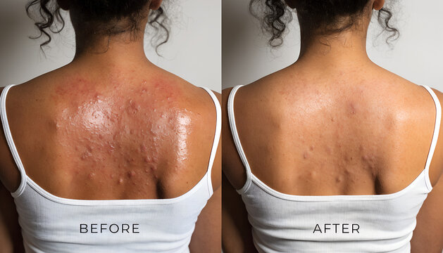 A woman's upper back is presented with significant acne breakouts before and smooth, clear skin after undergoing an effective acne clearing treatment.