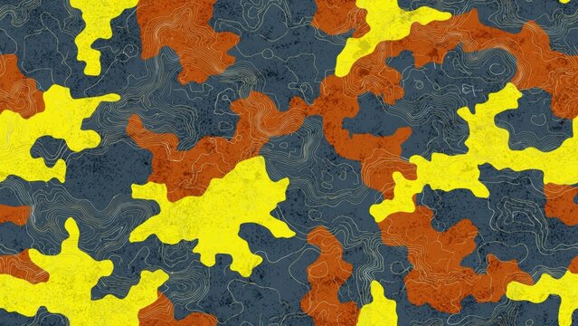Abstract Camouflage Pattern with Yellow, Orange, and Dark Gray Colors.