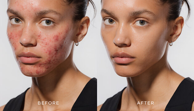 Split image of a Black woman's face, the left ('BEFORE') showing severe acne and inflammation, and the right ('AFTER') revealing smooth, clear, and radiant skin.