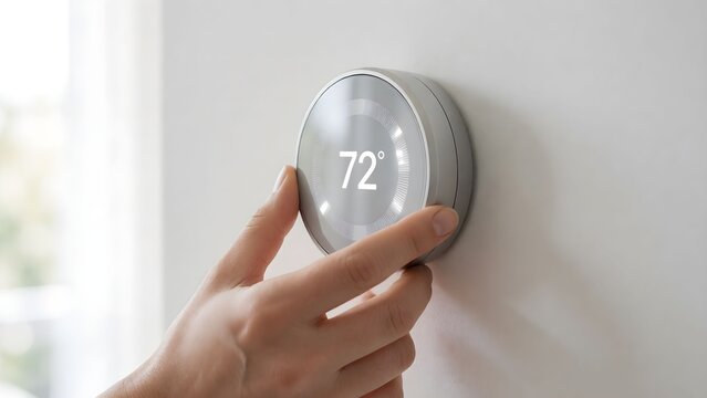 Person adjusting smart thermostat showing temperature setting of 72 degrees indoors