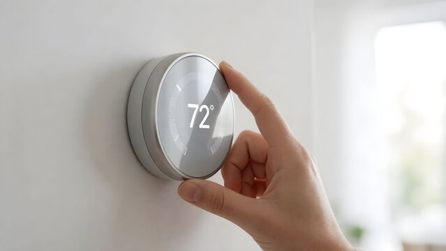 Hand adjusting smart thermostat to 72 degrees in modern minimalist living room
