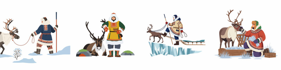 Traditional Arctic Indigenous People and Reindeer Herding Flat Vector Illustration Set © Reno
