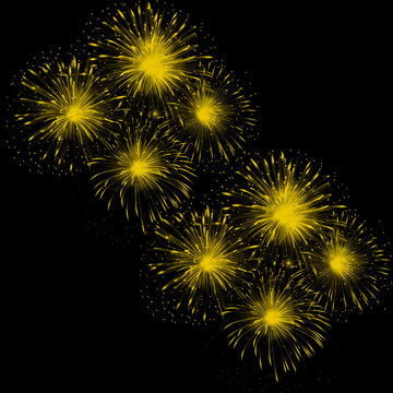 Seven Yellow Firework Bursts Clustered Against Black Background &ndash; Stock Photo