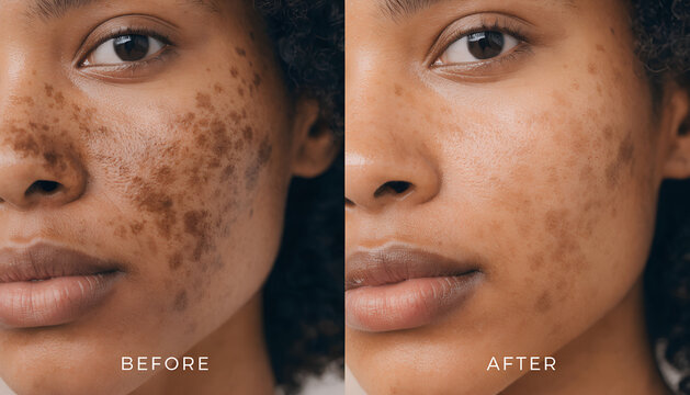 Side-by-side portrait of a woman with significant hyperpigmentation and freckles on her face in the 'BEFORE' image, contrasted with a clear and evenly toned complexion in the 'AFTER' image.