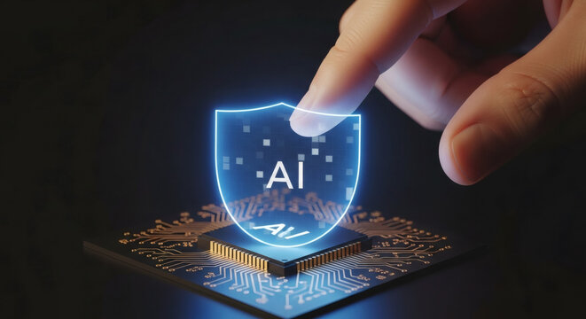 Human Finger Touching A Glowing Digital Shield Icon Representing Artificial Intelligence Cybersecurity Protection Over A Processor Chip