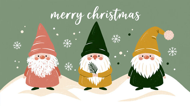 Minimal Scandinavian Christmas illustration, three stylized hand-drawn gnomes (tomte) standing in a row on a soft snowy hill, naive doodle style, flat modern festive design, left g