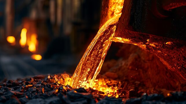 Molten fiery metal cascading dramatically in a high-temperature industrial furnace with intense molten streams splashing onto dark, rugged furnace linings under dramatic ambient light