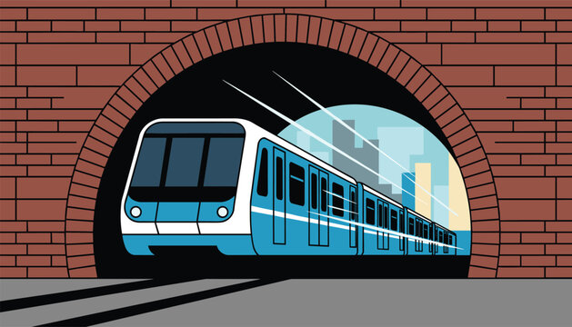 Sleek blue and white subway metro train exiting a dark brick tunnel with a modern city skyline visible in the background.