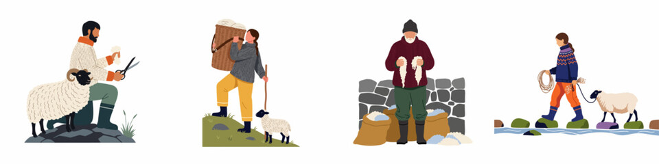 Traditional sheep farming and wool production process illustration set depicting shearing, gathering, sorting, and herding in a rustic style. © Reno